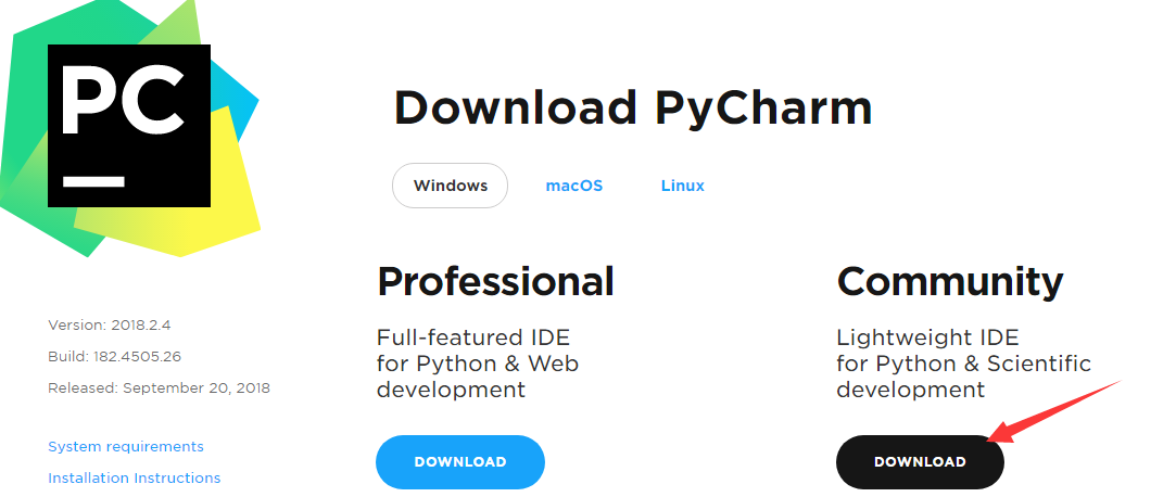 PyCharm下载页-选Community社区版
